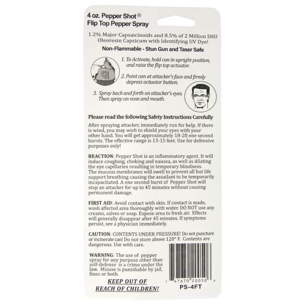 Back side of packaging for the Pepper Shot 1.2% Major Capsaicinoids 4 oz Pepper Spray can.